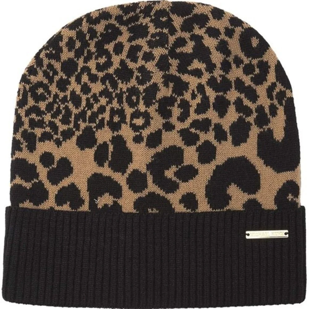 MICHAEL Michael KORS LEOPARD PRINT KNIT CUFFED BEANIE BLACK BROWN NWOT